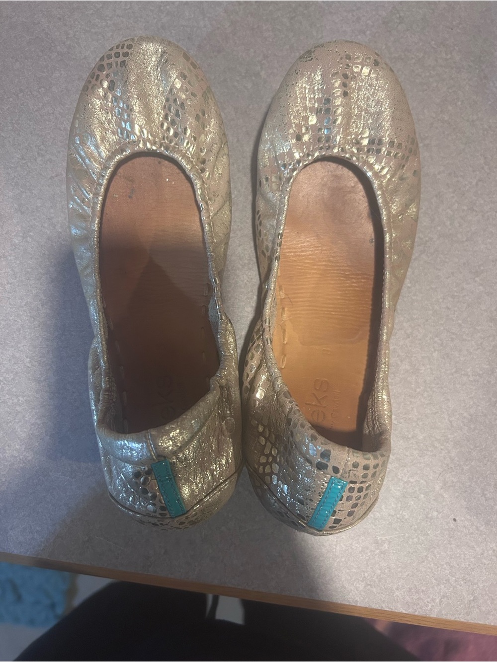 Tieks Metallic Gold Snake-Embossed Ballet Flats with Teal Heel Tab